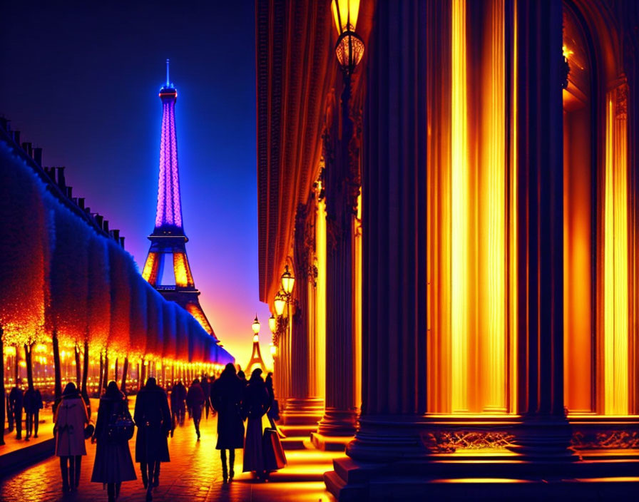 Eiffel Tower Illuminated at Twilight with Orange and Blue Hues