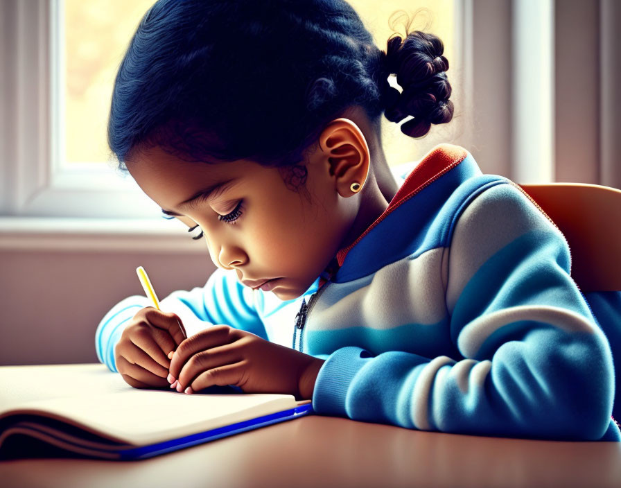 Young girl writing in notebook by window with natural light.