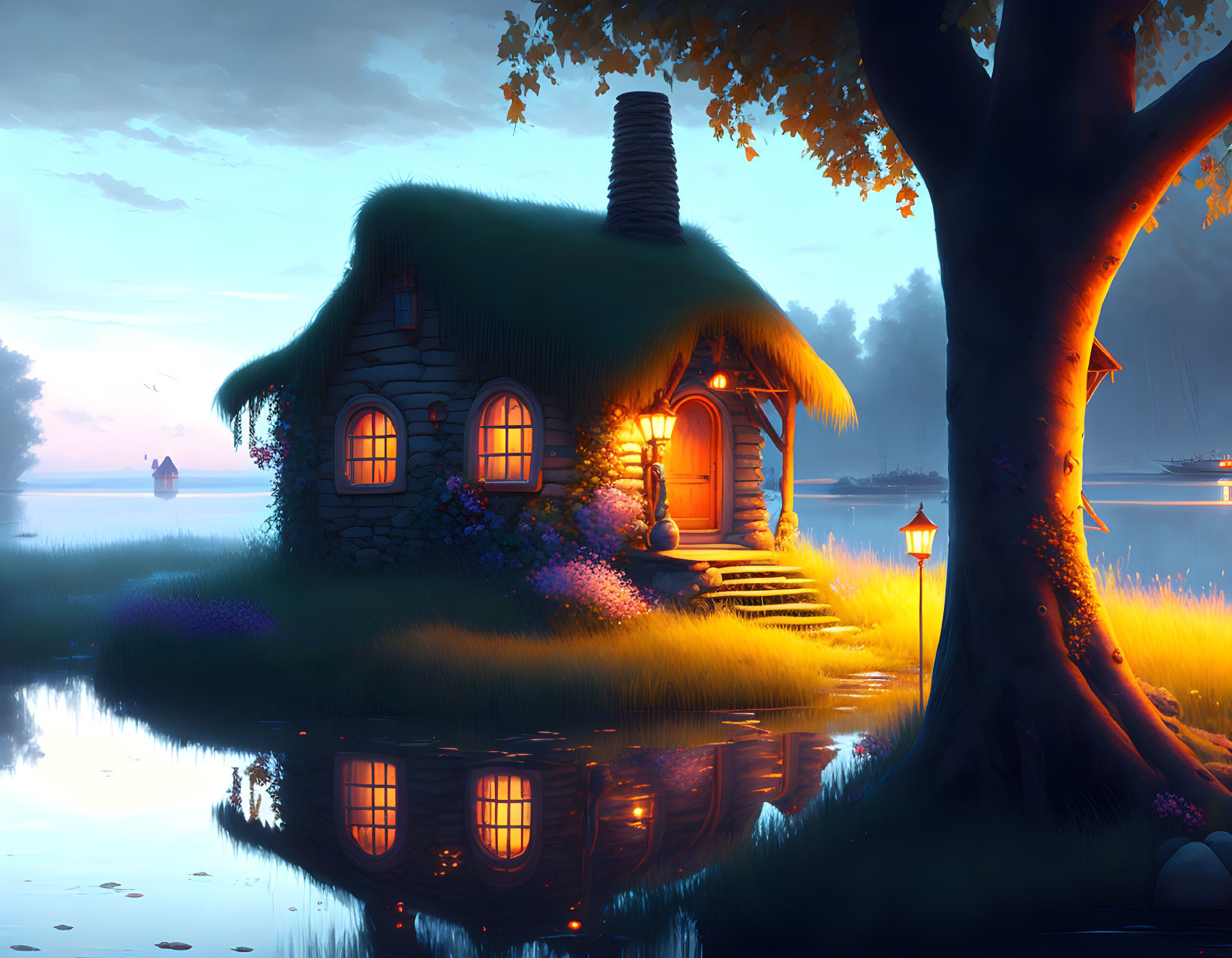 Thatched roof cottage by calm lake at twilight