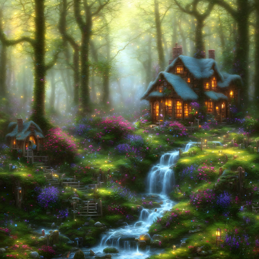 Enchanting Cottage in Mystical Forest with Glowing Windows