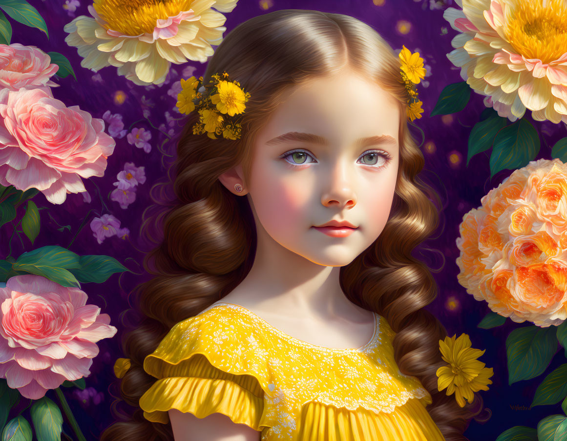 Curly-Haired Girl in Yellow Dress Surrounded by Orange and Yellow Roses