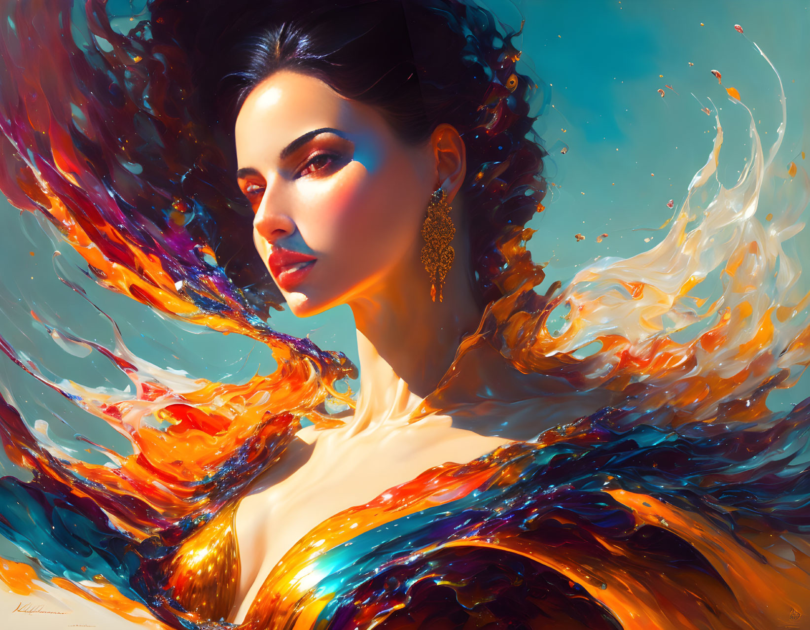 Vibrant digital art portrait of a woman with fiery hair