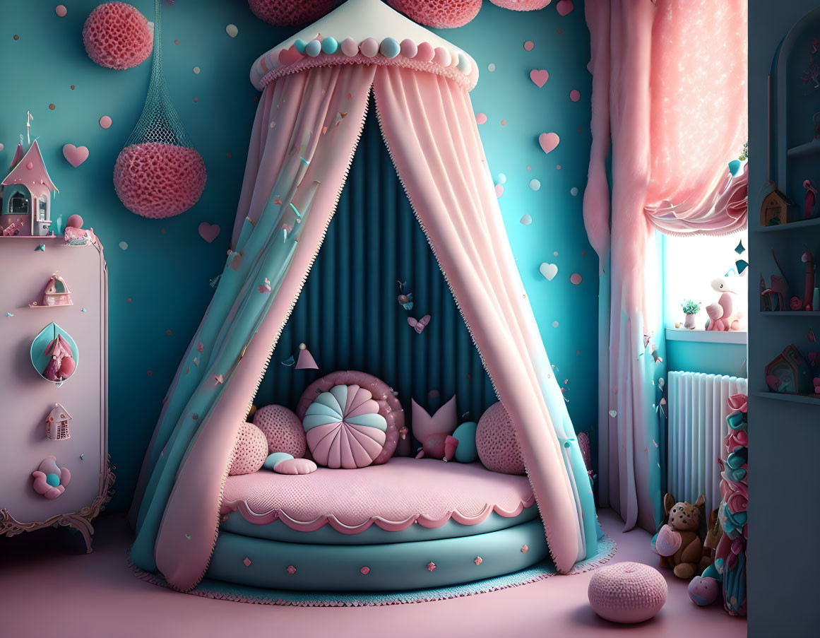 Heart-themed decor in whimsical children's room with canopy bed & plush toys