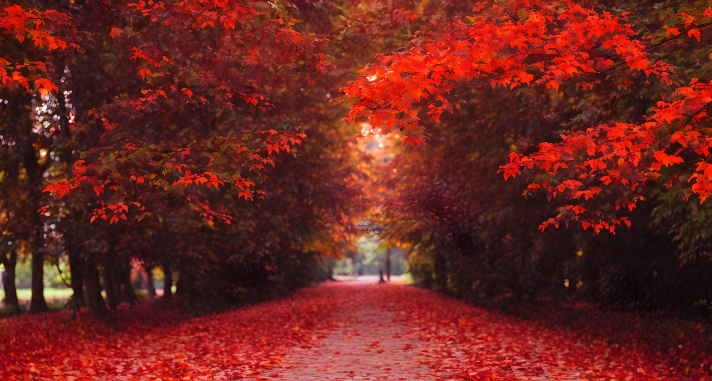 Tranquil autumn scene: sunlit path with red leaves