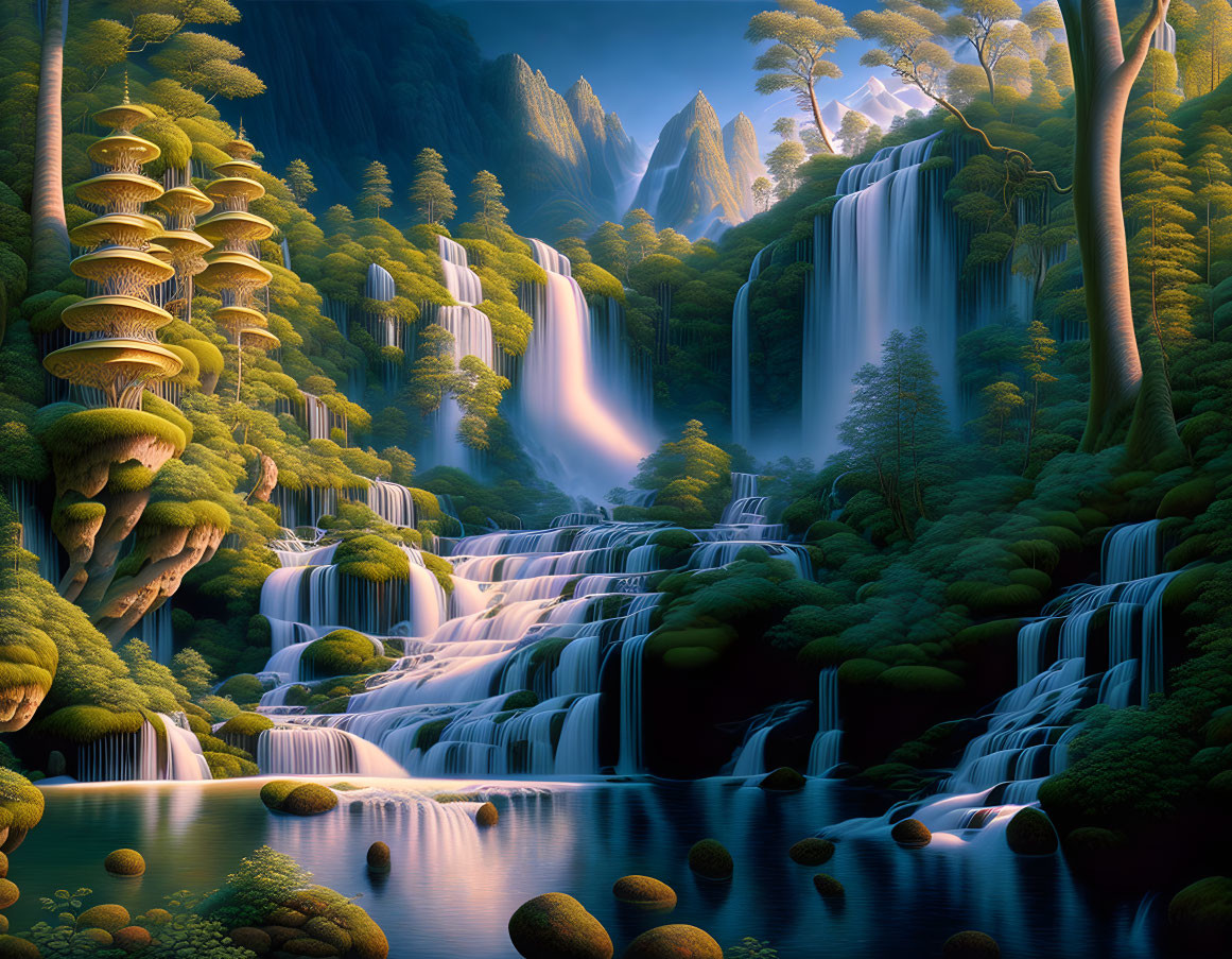 Tranquil fantasy landscape with waterfalls, cliffs, and mushroom trees