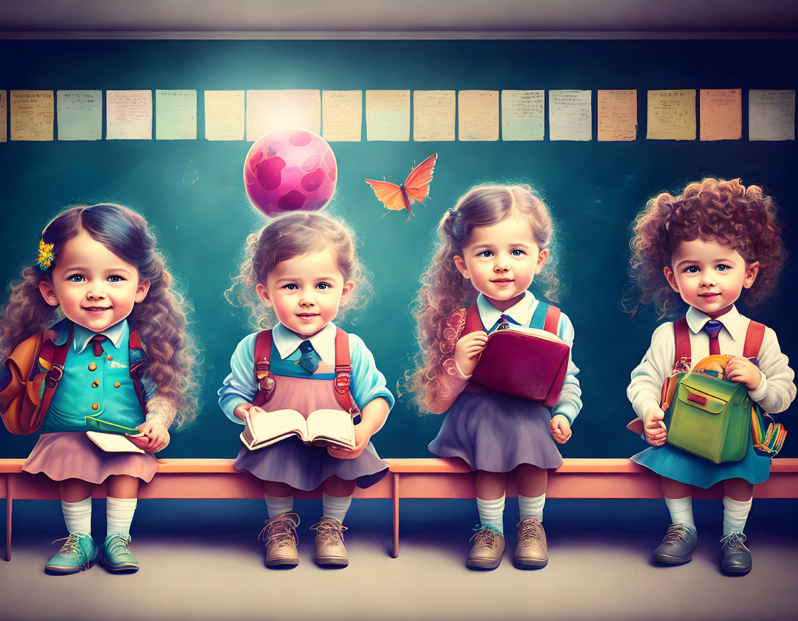 Four animated children in classroom setting with books, ball, butterfly