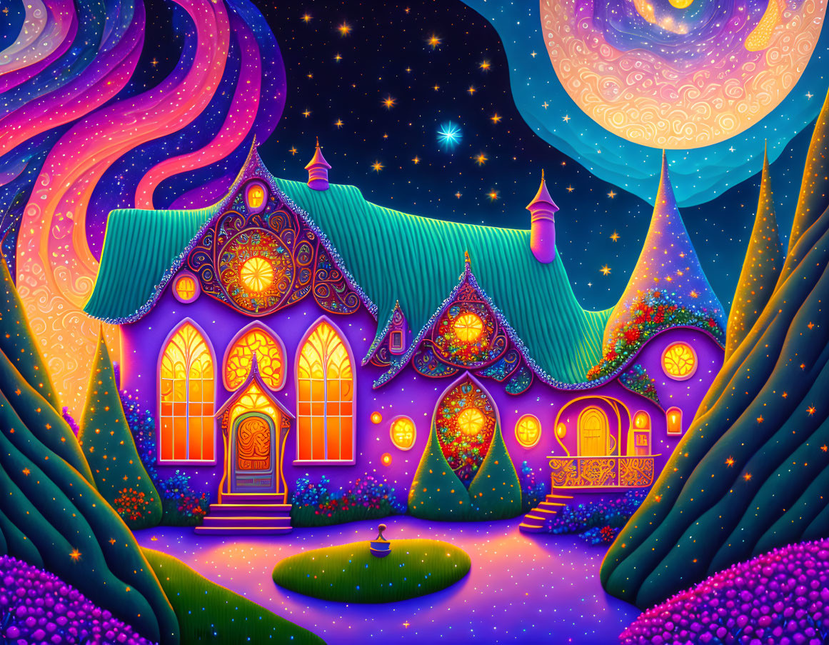 Fantasy illustration of whimsical house in starry sky with lush flora