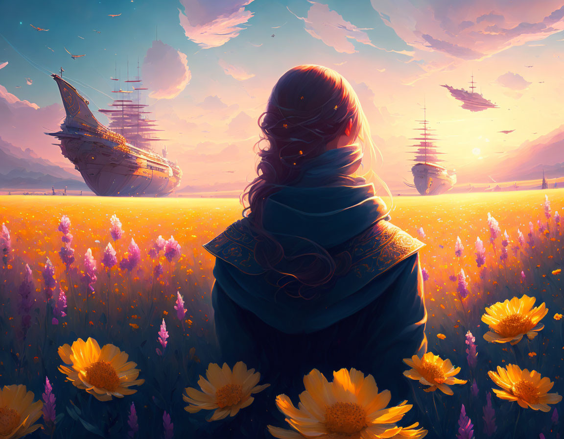 Woman admires sunset sky with floating ships over vibrant flower field