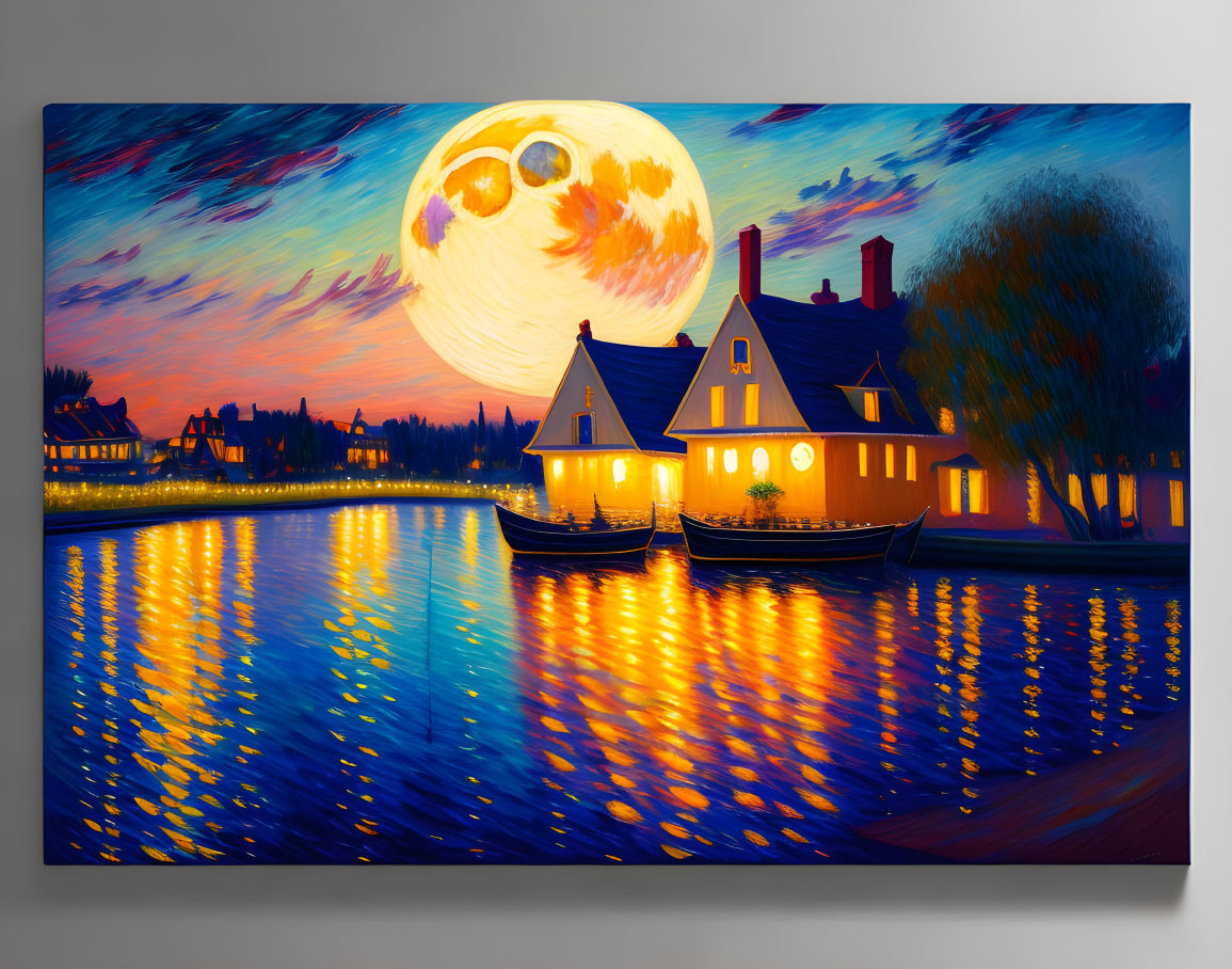 Nighttime moonscape painting with house, boat, and reflection by water.