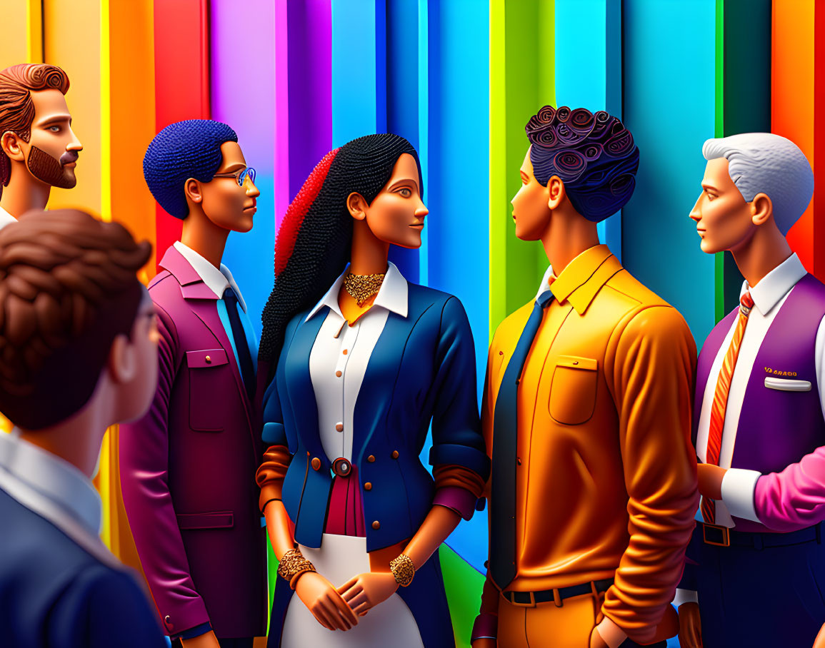 Vibrant illustration of diverse stylish individuals in conversation