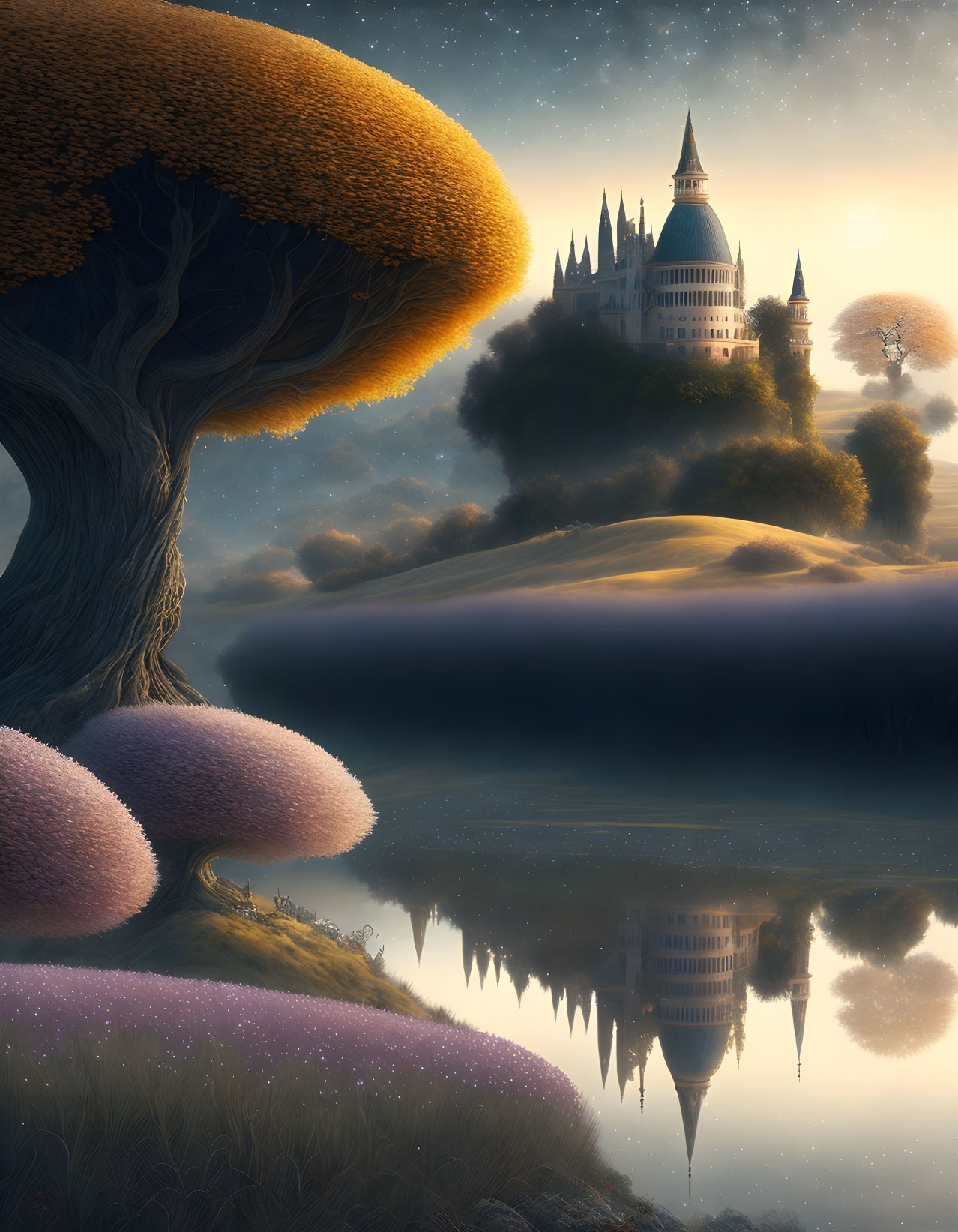 Fantasy landscape with giant mushrooms, castle, and lake reflection