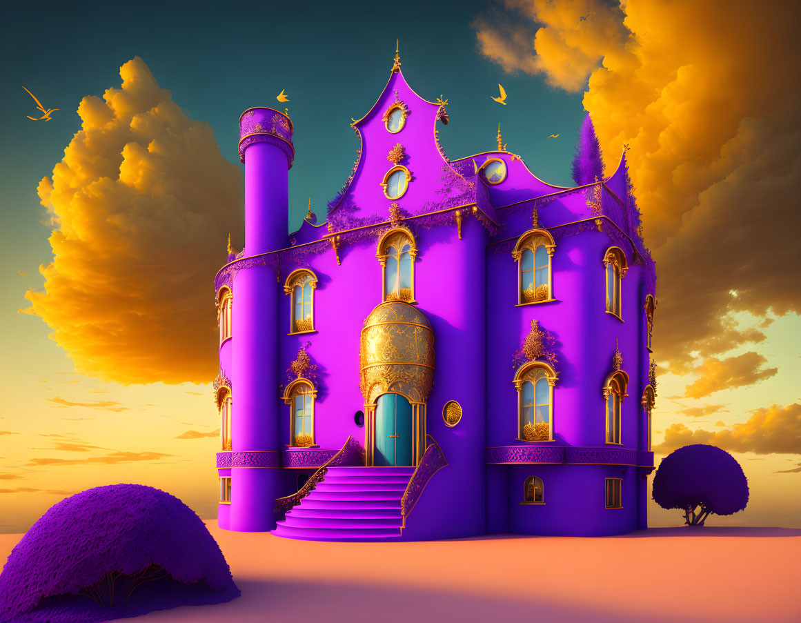 Vibrant purple fantasy castle with golden accents in sunset scenery