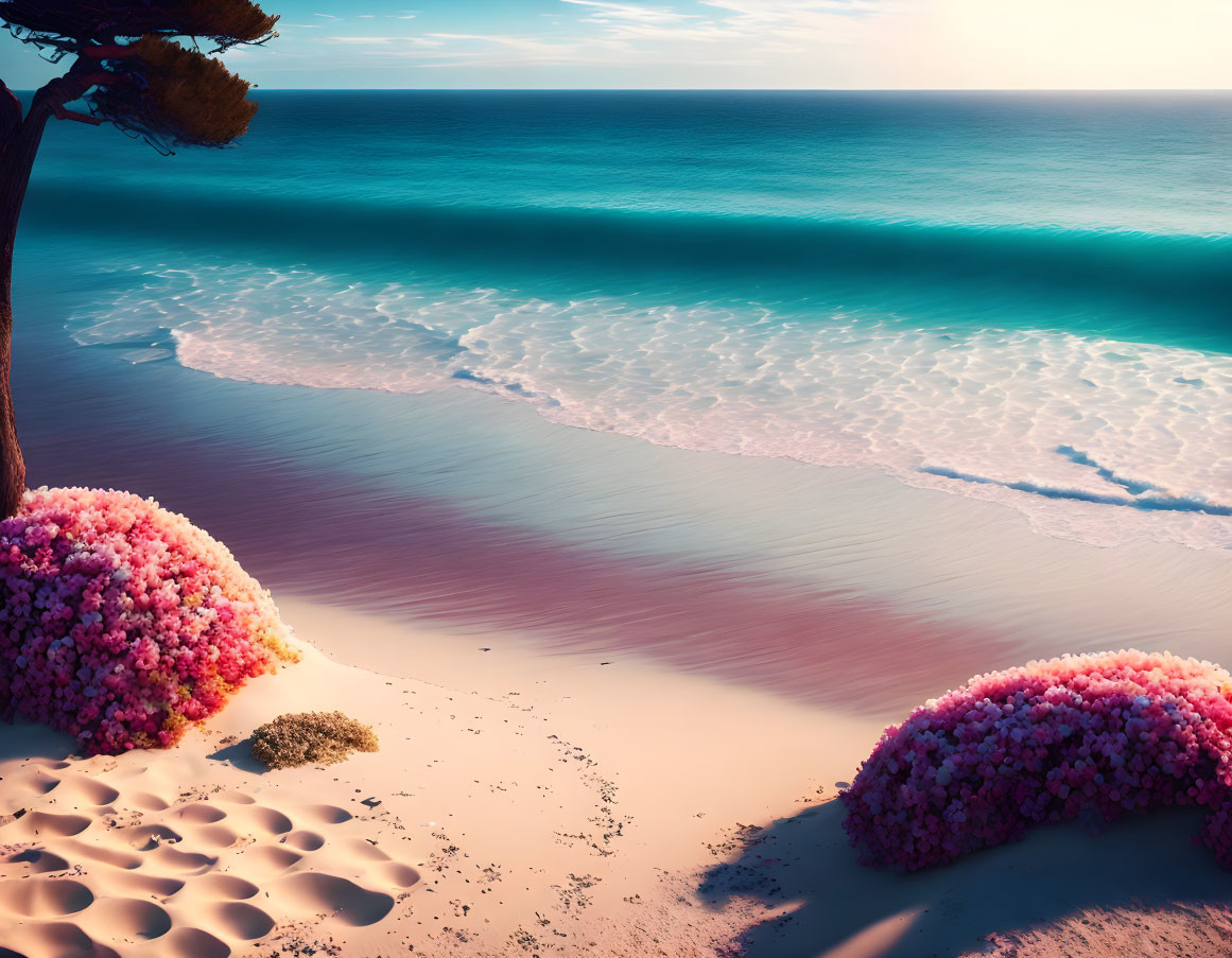 Tranquil beach scene with pink flowers, bent tree, smooth sands, and turquoise waters