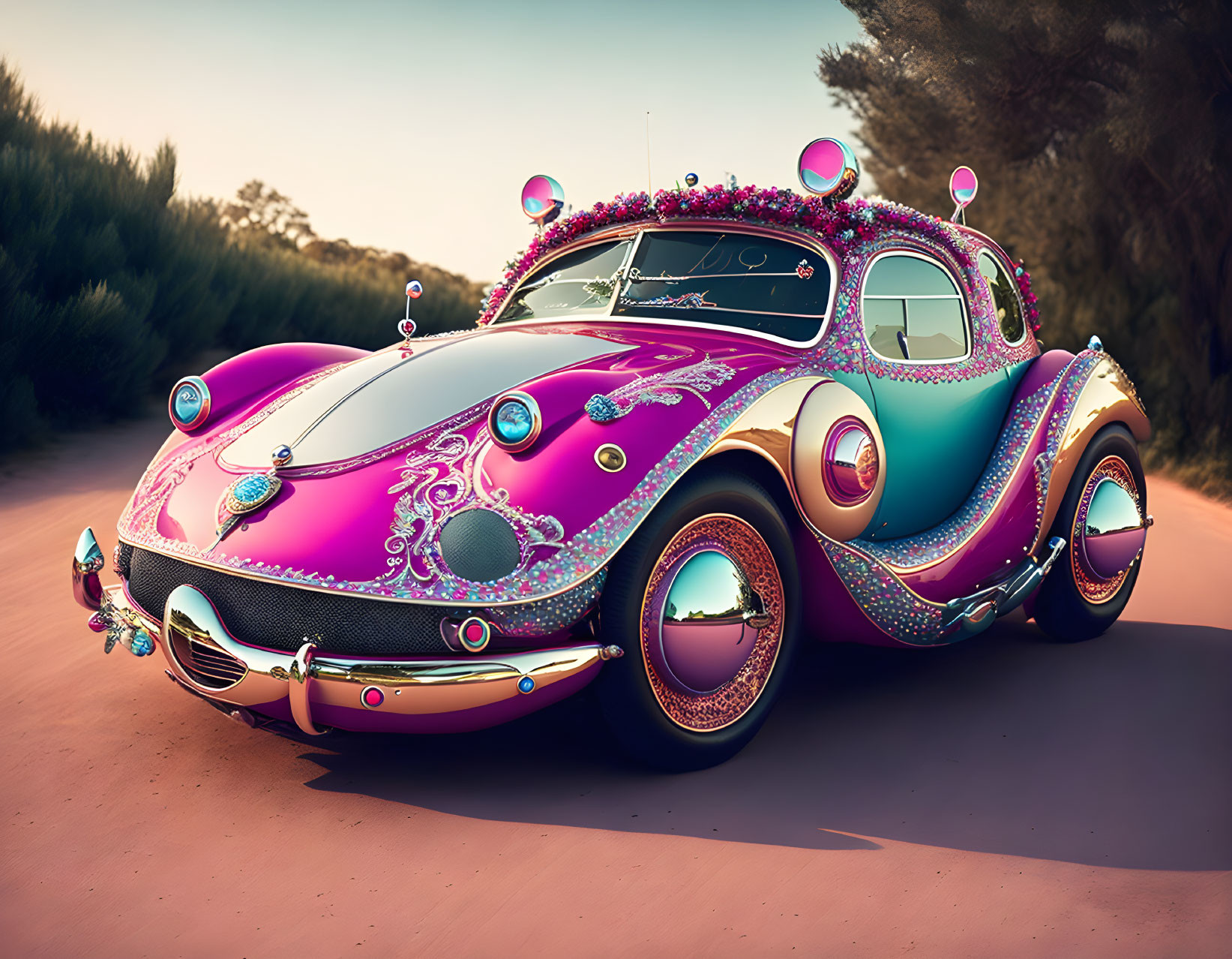 Colorful Custom-Painted Volkswagen Beetle on Sandy Path