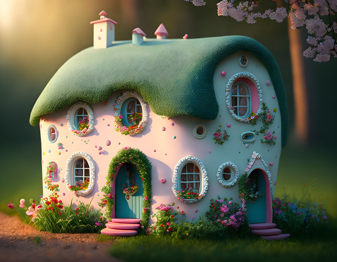 Fantasy house with green roof, round doors, and flower-adorned windows in serene setting