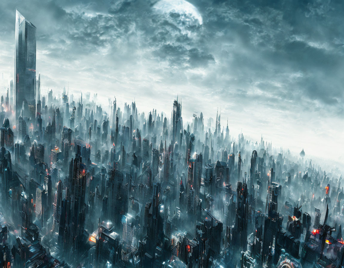 Futuristic cityscape with dense high-rise buildings and moonlit sky