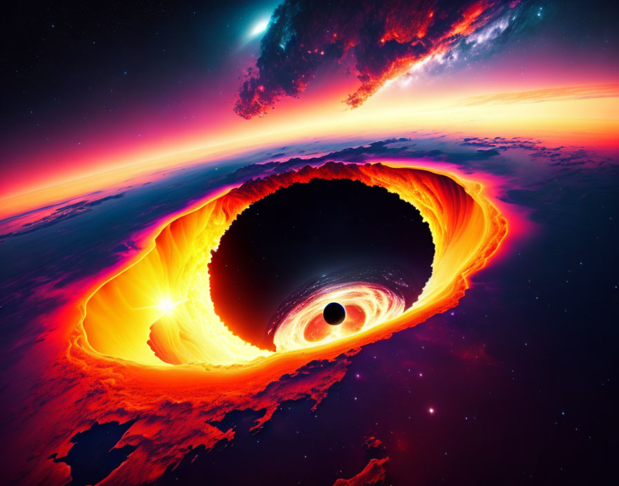 Surreal black hole with fiery accretion disk in cosmic scene