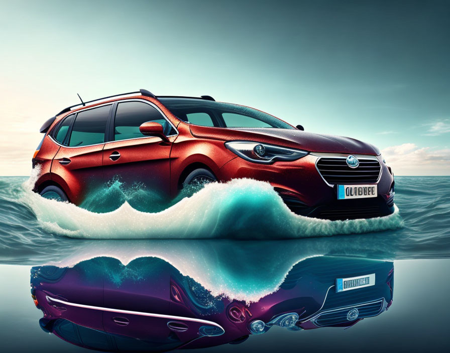 Red Car Floating on Ocean Wave with Calm Sky Background