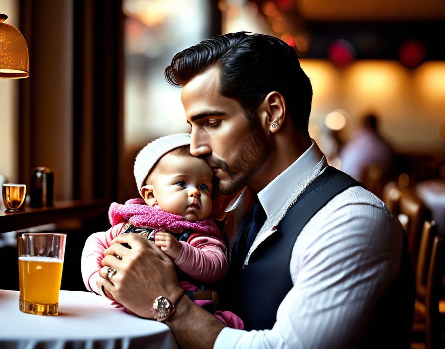 Man holding baby in cozy restaurant with beverage