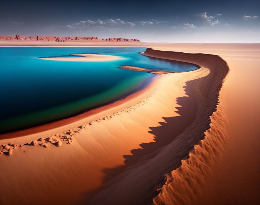Tranquil Desert Oasis with Blue Waters and Sand Dunes