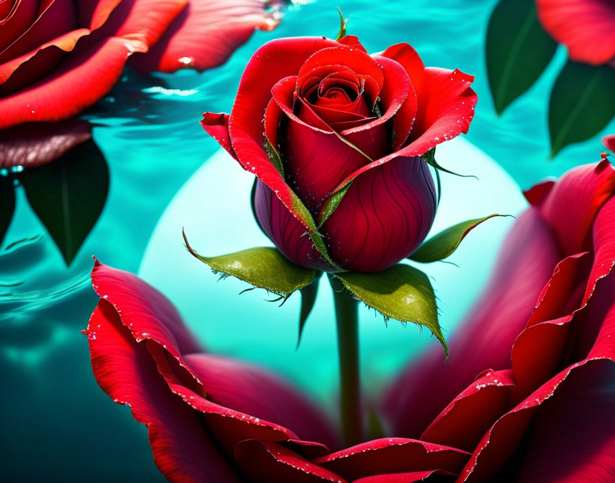 Red Rose with Dewdrops on Teal Background and Rose Petals