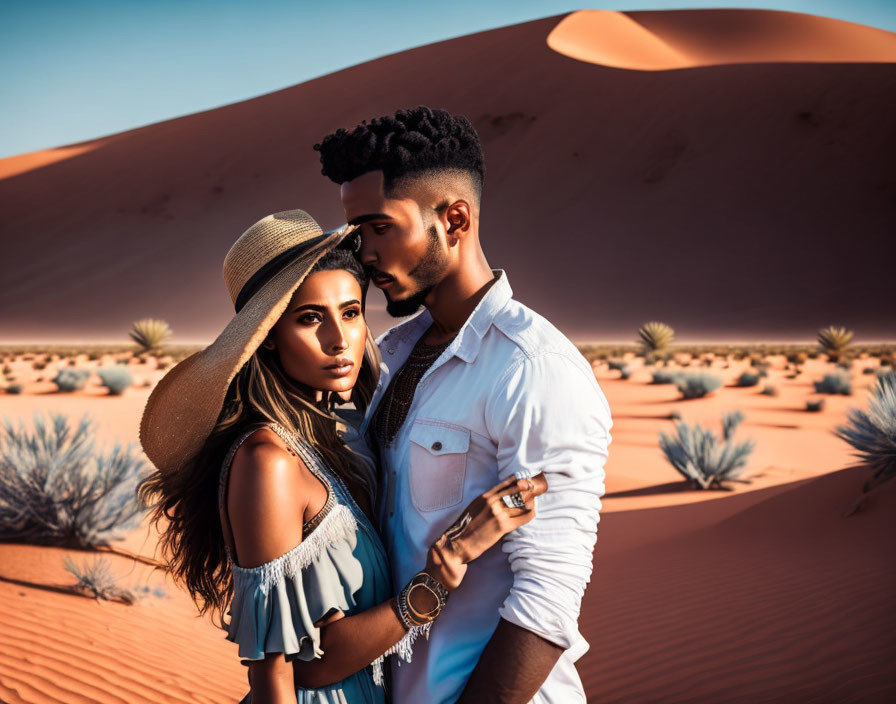 Stylish couple embracing in desert with sand dunes - romance and adventure