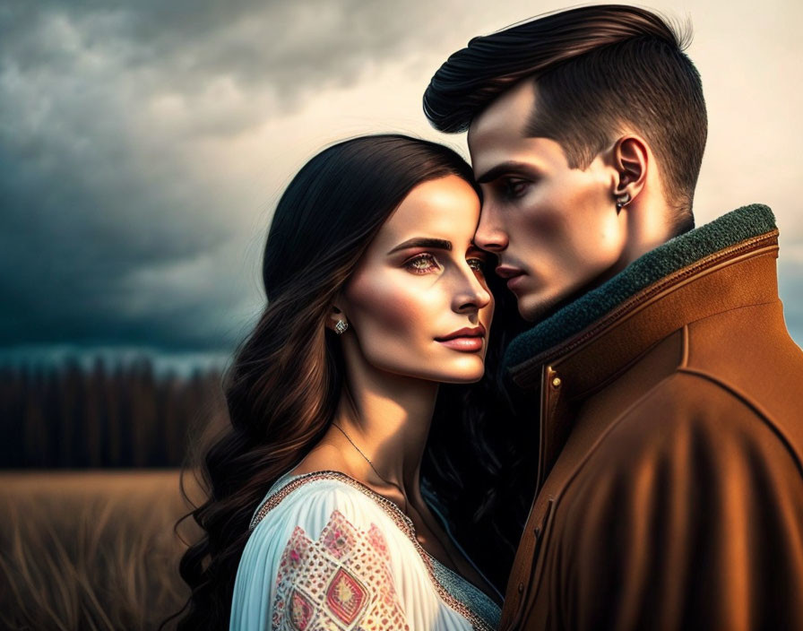 Dramatic stylized portrait of man and woman against dusky sky