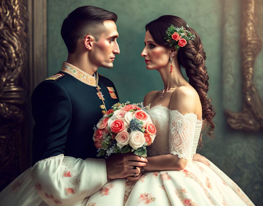 Bride with bouquet and groom in military uniform embrace