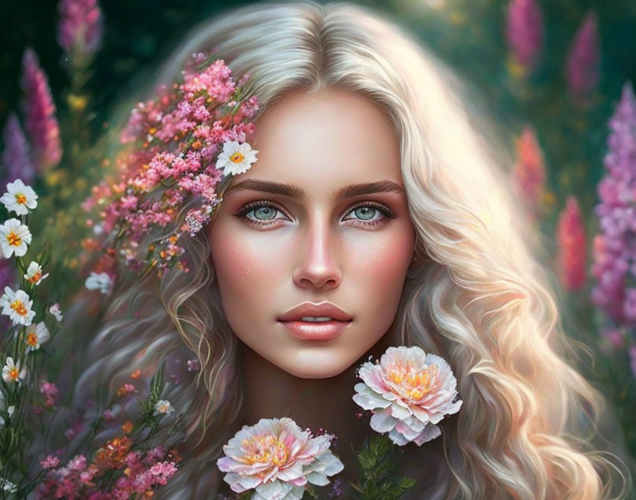 Blonde Woman Portrait with Pink Flowers in Greenery