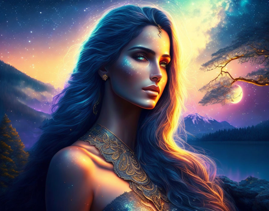 Mystical Woman with Radiant Skin and Star-Filled Hair in Twilight Sky