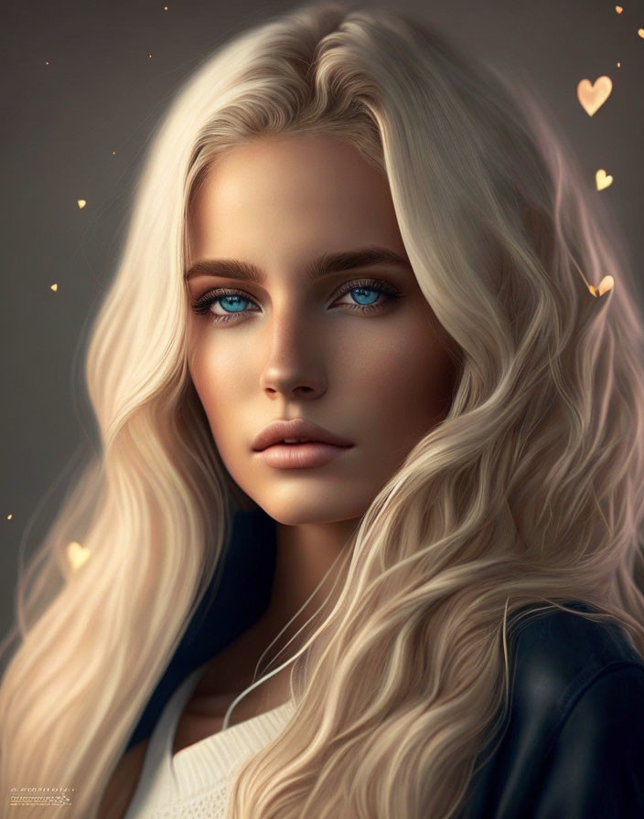 Blonde woman in black leather jacket with blue eyes and bokeh lights.