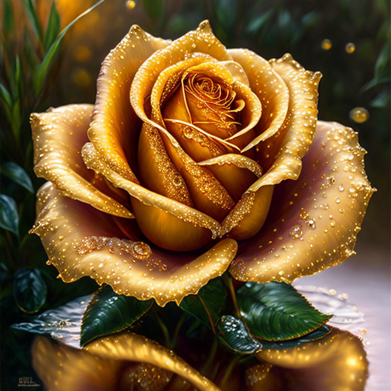 Golden Yellow Rose with Dewdrops on Petals Against Soft Bokeh Background