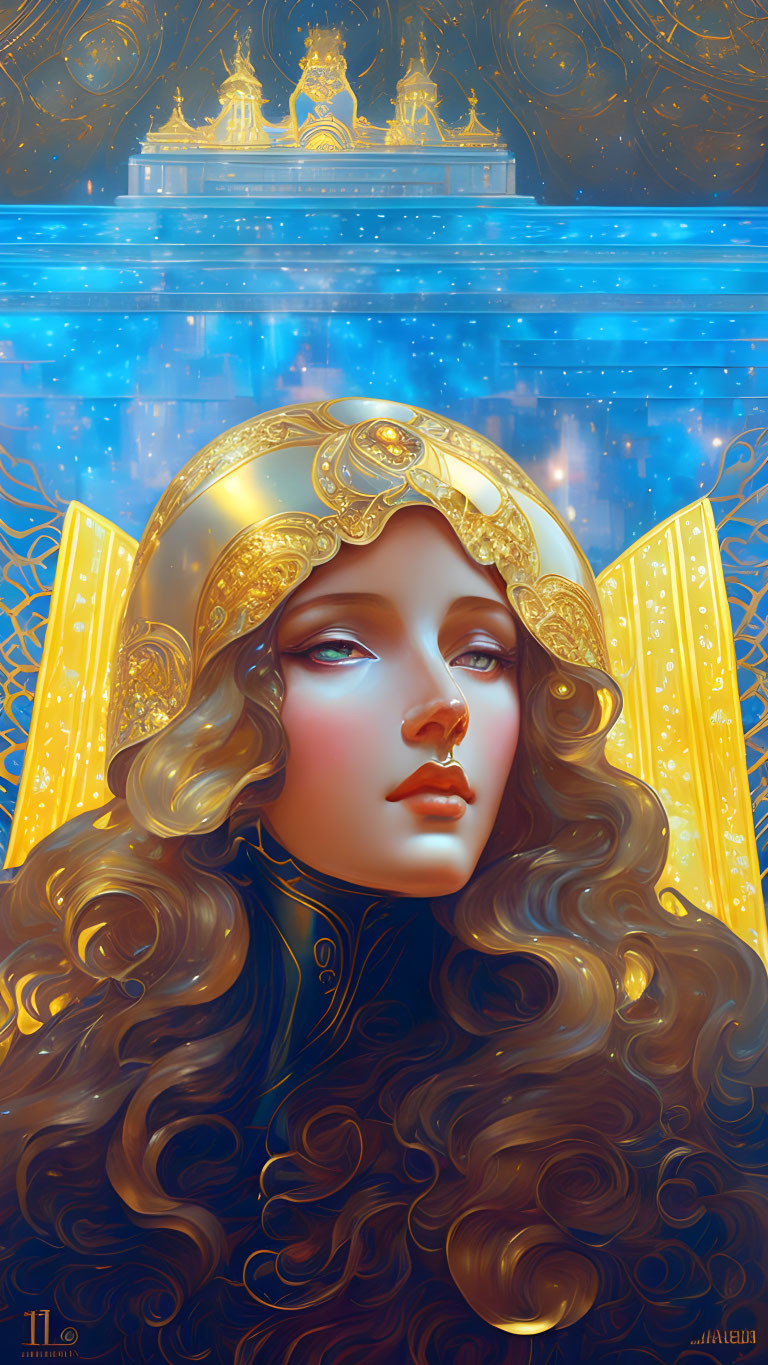 Digital portrait of a woman with long wavy hair and golden headdress against regal blue and gold