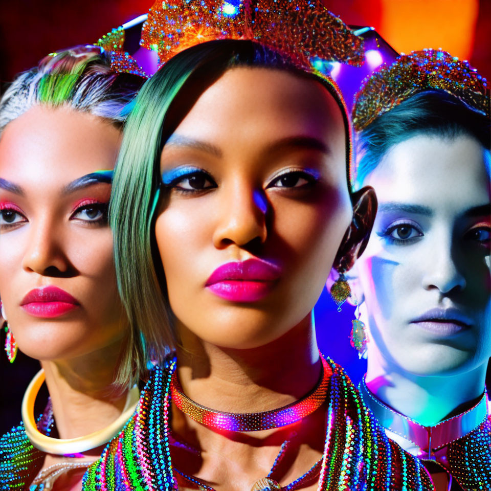 Vivid Makeup and Neon Accents on Three Women