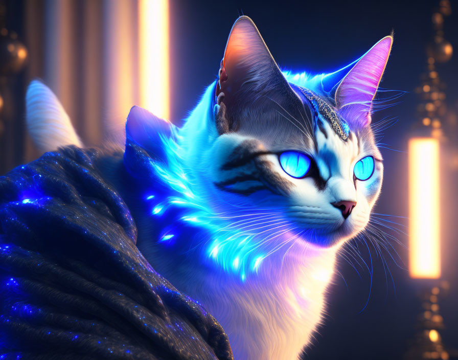 Digital Artwork: Cat with Glowing Blue Eyes in Sci-Fi Cloak Amid Futuristic Setting