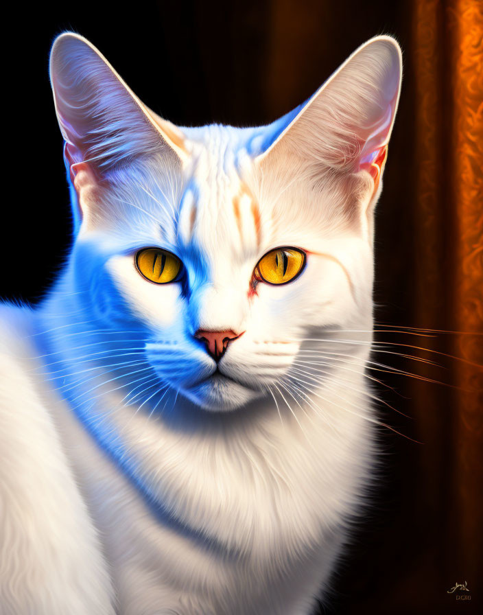 White Cat with Yellow Eyes in Blue Tones on Brown Background