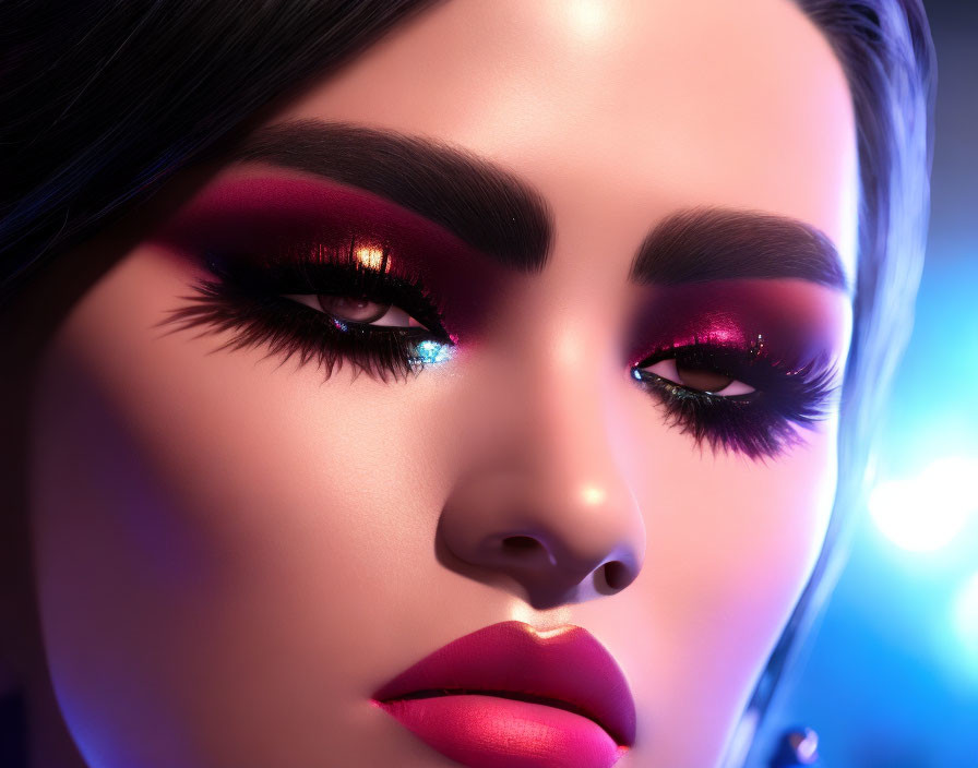 Detailed portrait of woman with dramatic makeup against blue-lit backdrop