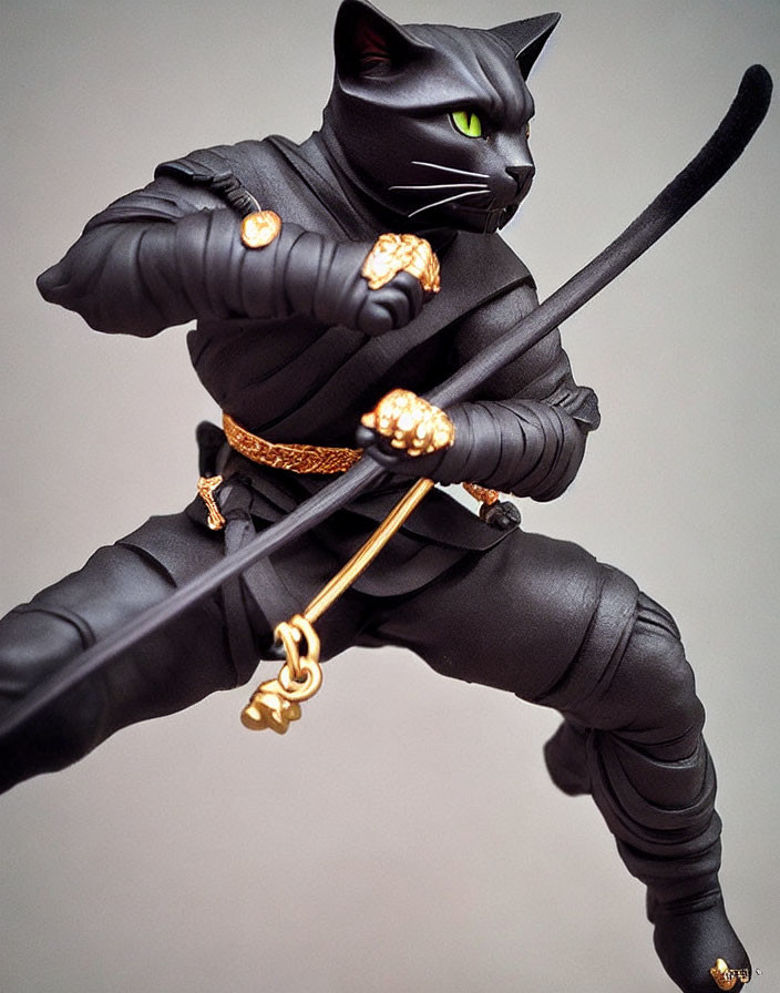 Black Cat Ninja Figurine with Katana Sword and Gold Accessories