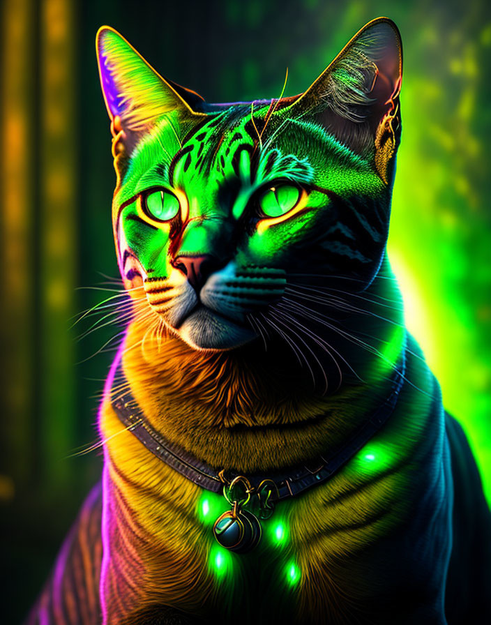 Colorful Cat Portrait with Intricate Patterns and Green Lights