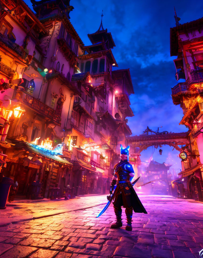 Blue-armored character with sword in neon-lit oriental street at twilight