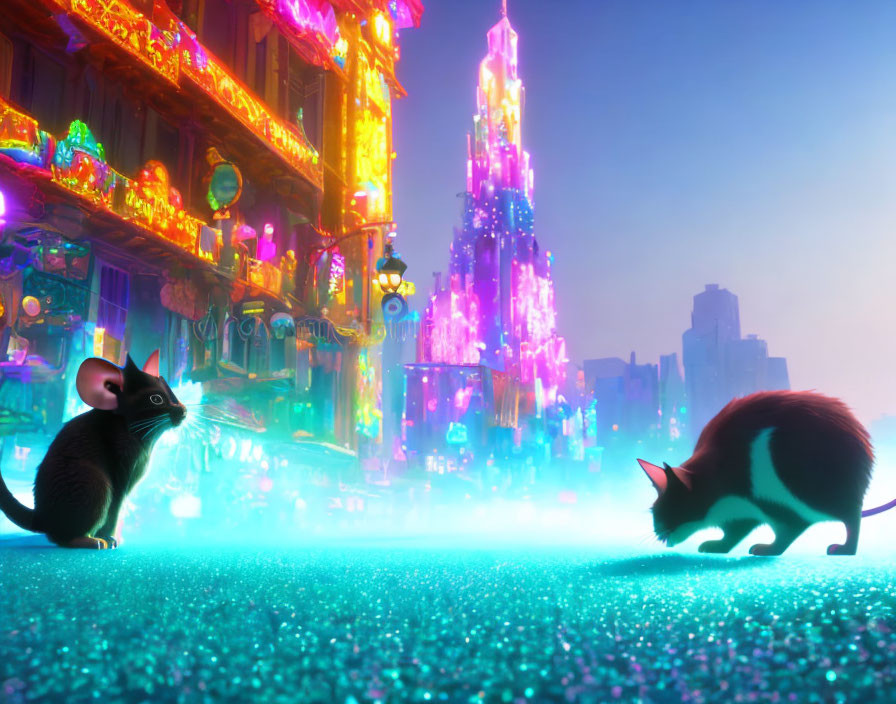 Vibrant neon-lit street scene with two mice and dazzling tower in urban setting at dusk