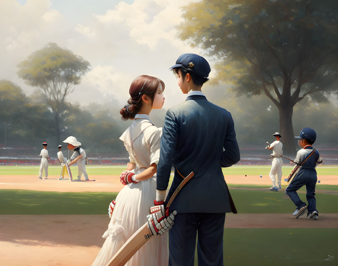 Formal Couple on Cricket Field with Vintage Vibe