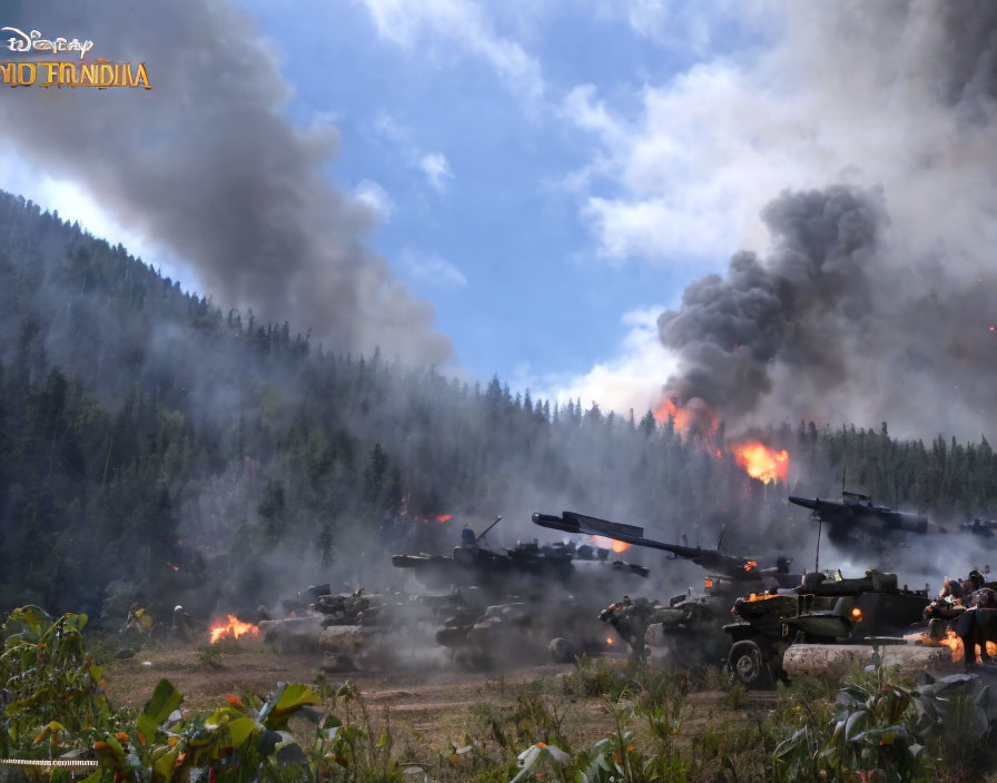 Artillery vehicles firing with smoke and fire in forest and mountain backdrop.