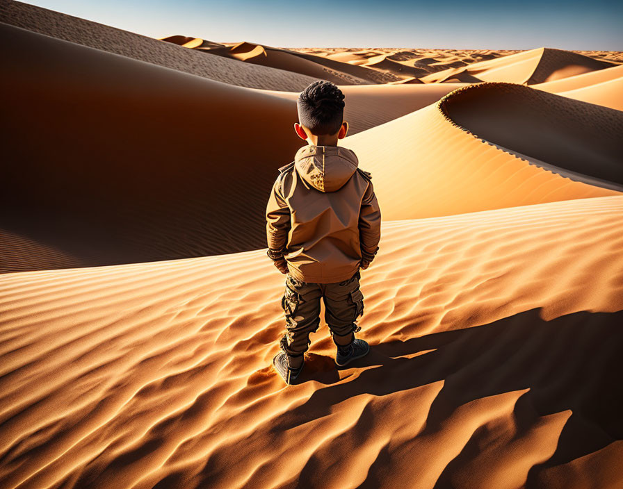 Child standing in desert dunes under blue sky