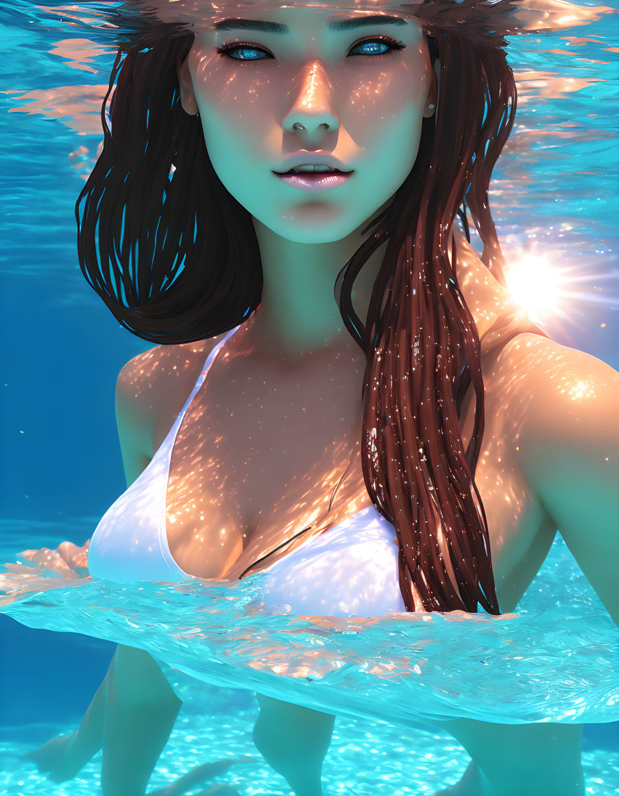 Woman in White Swimsuit Submerged in Blue Water