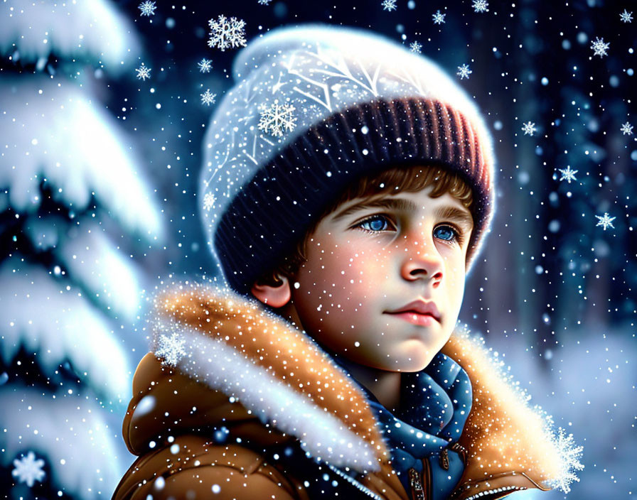 Young boy in winter attire gazes into falling snowflakes