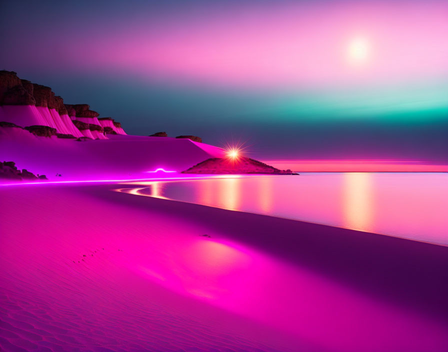 Magenta Beach Scene with Neon Lights and Waterfalls