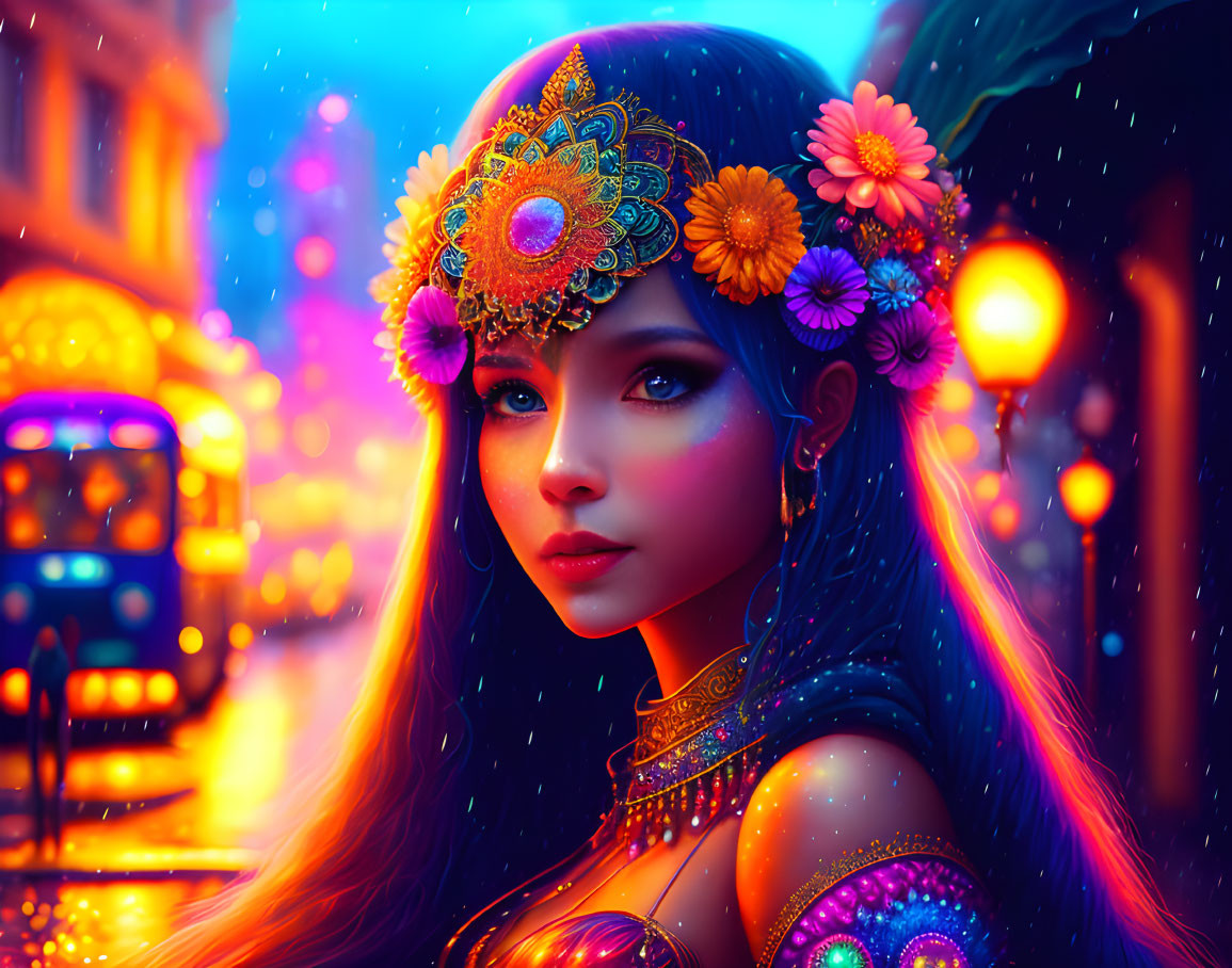 Digital Artwork: Woman with Blue Eyes and Floral Headpiece in Neon Cityscape