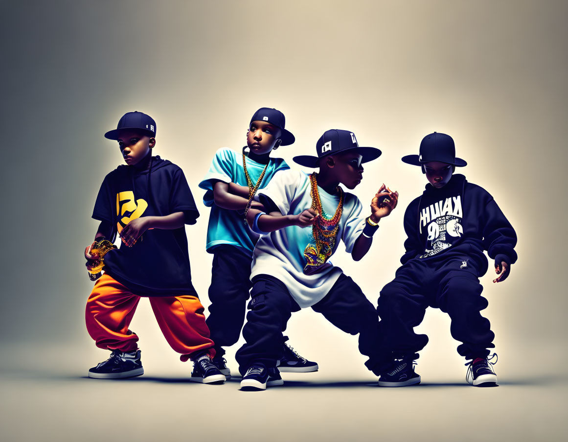 Four kids in hip-hop attire posing against neutral backdrop.