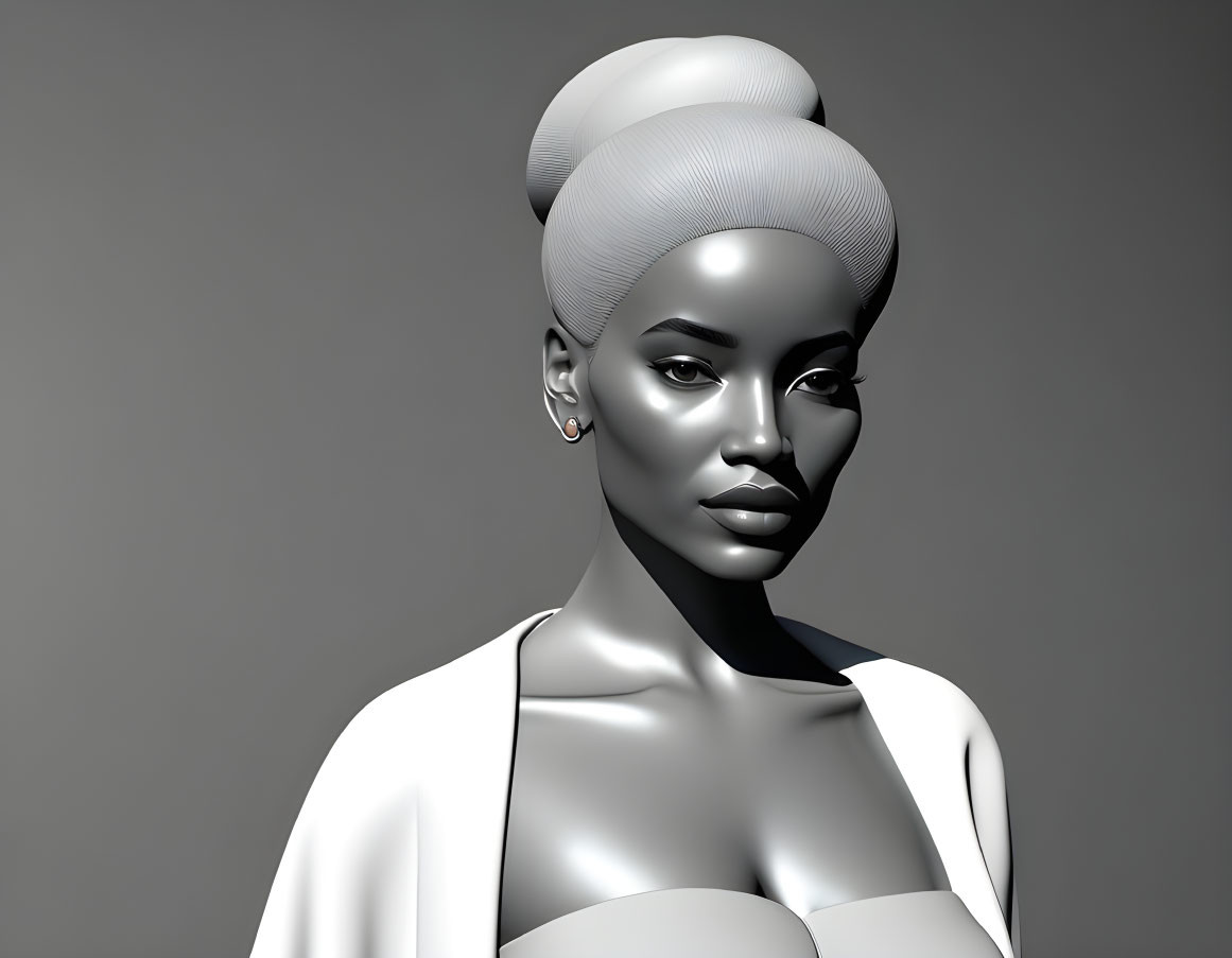 Stylish woman with updo hairstyle and off-shoulder top in 3D render